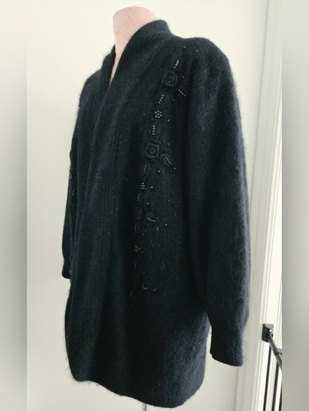 Vintage Rabbit Angora  Blend Duster Tunic Coat Cardigan Embroidery Beaded Size